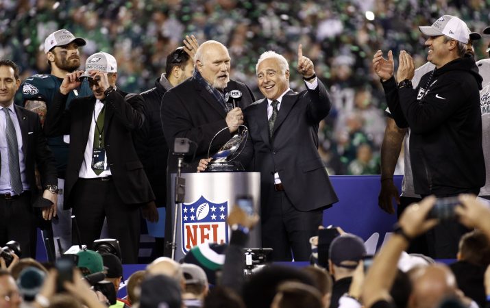 Philadelphia Eagles owner Jeffrey Lurie celebrates after the NFL football NFC championship game against the Minnesota Vikings Sunday, Jan. 21, 2018, in Philadelphia. The Eagles won 38-7 to advance to Super Bowl LII. (AP Photo/Patrick Semansky)