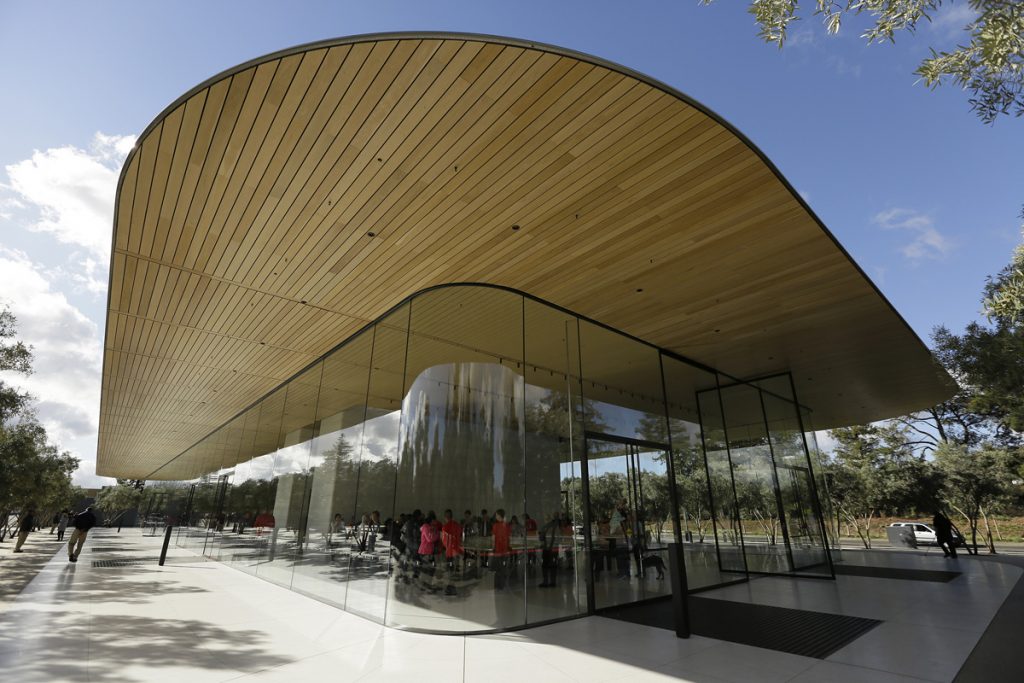 Apple Park Visitor Center Shown is an exterior view of the Apple Park Visitor Center during its grand opening Friday, Nov. 17, 2017, in Cupertino, Calif. (Eric Risberg/AP Photo)