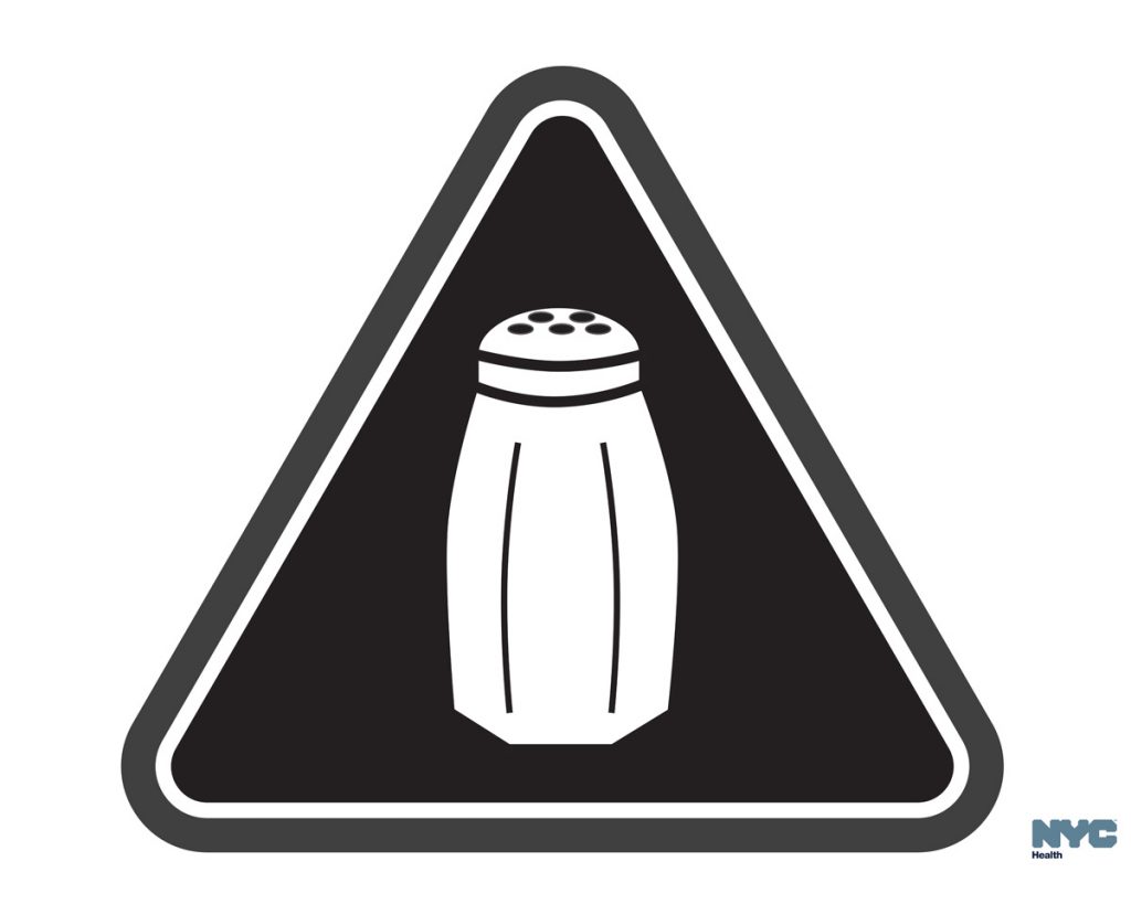 Sodium On Menus In this undated image provided by the New York City Health Department, a graphic warning New York city consumers of high salt content in foods required on menus at many fast-food and chain restaurants is shown. New York City plans to start enforcing a first-of-its-kind requirement for warning icons on salty chain restaurant foods on June 6, 2016, after getting an appeals court's go-ahead to start issuing fines. (Antonio D'Angelo/New York City Health Department via AP)