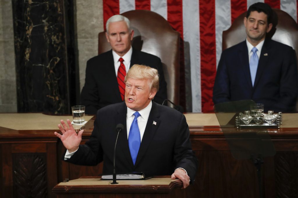 State Of Union President Donald Trump delivers his State of the Union address to a joint session of Congress on Capitol Hill in Washington, Tuesday, Jan. 30, 2018.