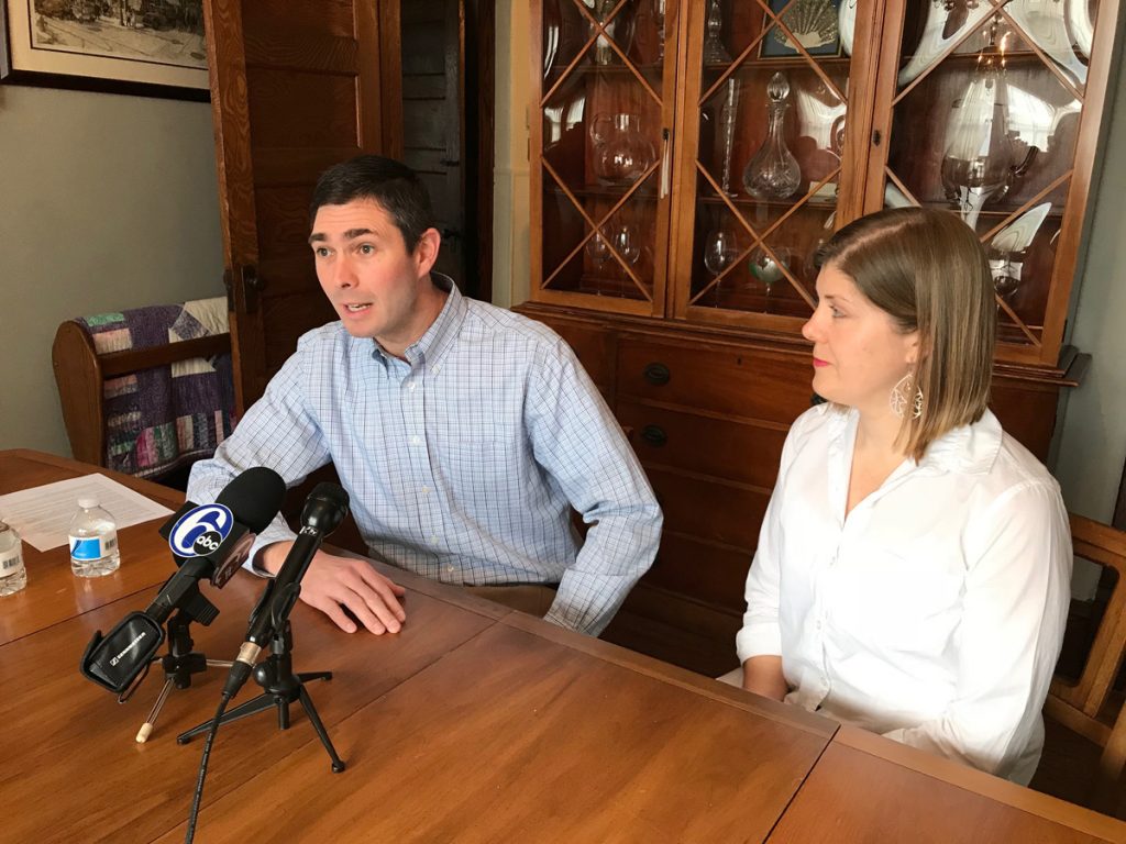 HYYDDgreenleafx1200 Stewart Greenleaf Jr., a Republican attorney, announces he will run for the 12th District state Senate seat his father will vacate; his wife Heather by his side. (Dana DiFilippo/WHYY)
