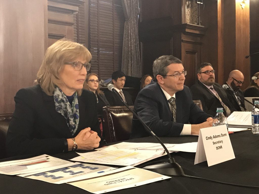 Department of Conservation and Natural Resources Secretary Cindy Dunn and Department of Environmental Protection Secretary Patrick McDonnell answered questions at a House hearing Thursday. (Marie Cusick/StateImpact Pennsylvania)