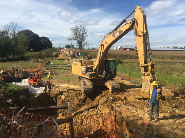 Lebanon-County-Mariner-East-construction-e1507230491279-620×465 A Mariner East 2 construction site in Lebanon County. Sunoco says it expects to have the pipeline in service by the end of the second quarter, 2018. (Jon Hurdle/StateImpact Pennsylvania)