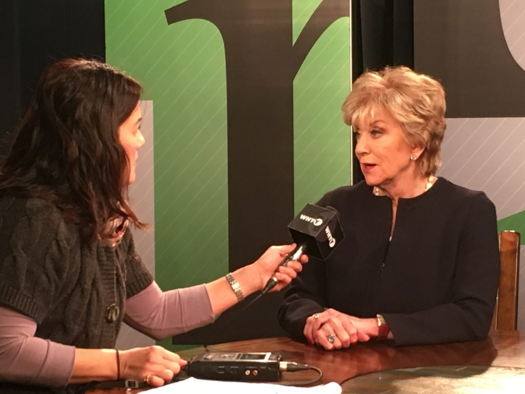 Linda SBA Administrator Linda McMahon answers a question in WHYY's Wilmington studio during an interview Tuesday.