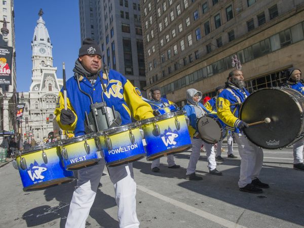 The West Powelton Drummers march down Broad St.
