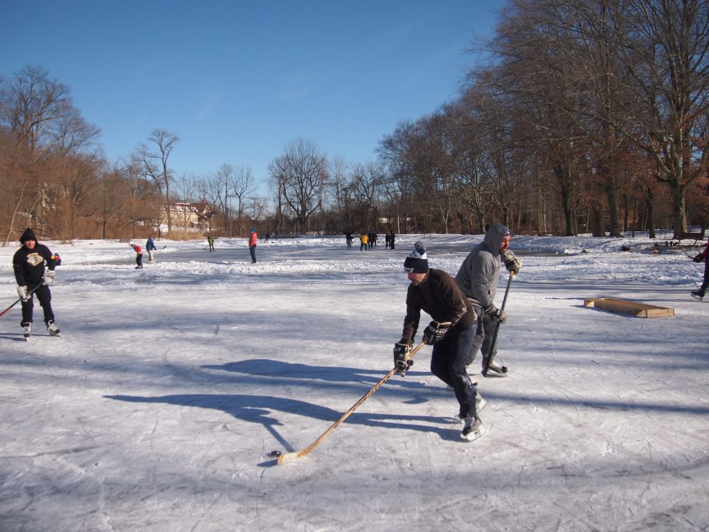 OLYMPUS DIGITAL CAMERA Ice skaters take advantage of a rare frozen pond to play some hockey at Fenimore Woods in Radnor Township, Delaware County. (Shai Ben-Yaacov/WHYY)