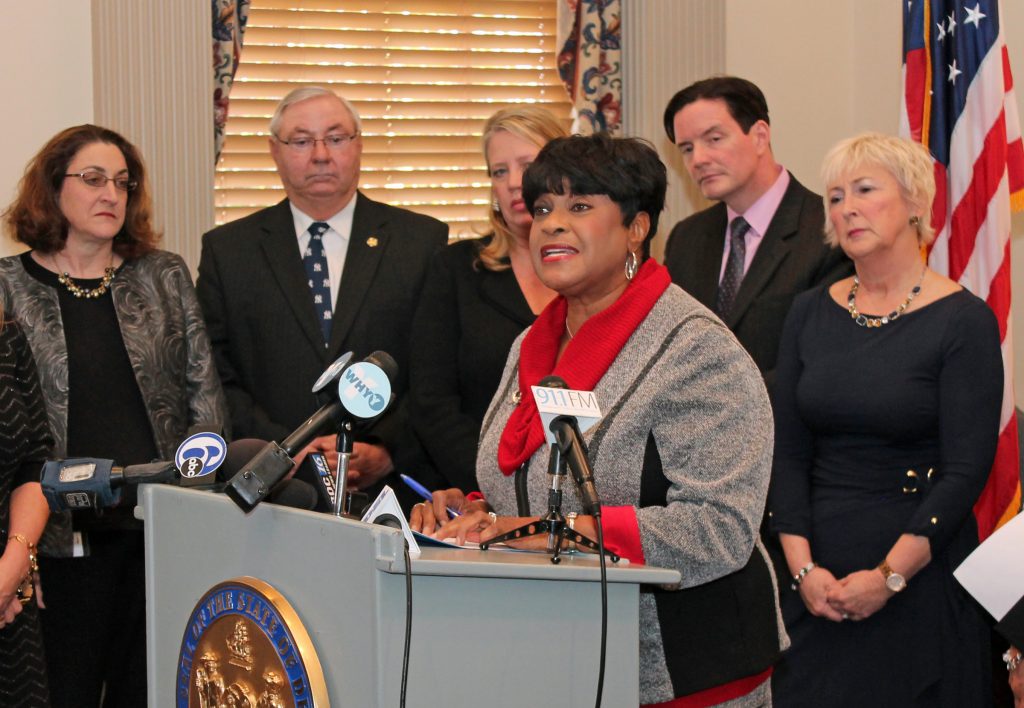 State Rep. Stephanie Bolden talks at a press conference in Legislative Hall in Dover, Delaware.
(Courtesy Jen Rini/Del. House Dems)