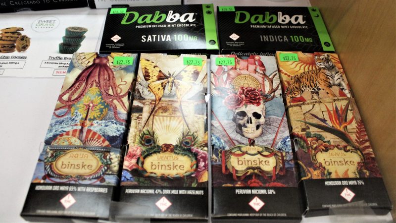 These are chocolate candy packages, which contain cannabis. (Bill Barlow/for WHYY)