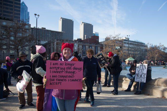 Marchers begin to gather in Logan Square to begin the 2018 Women's March on Philadelphia, January 20, 2018. (Emily Cohen for WHYY)