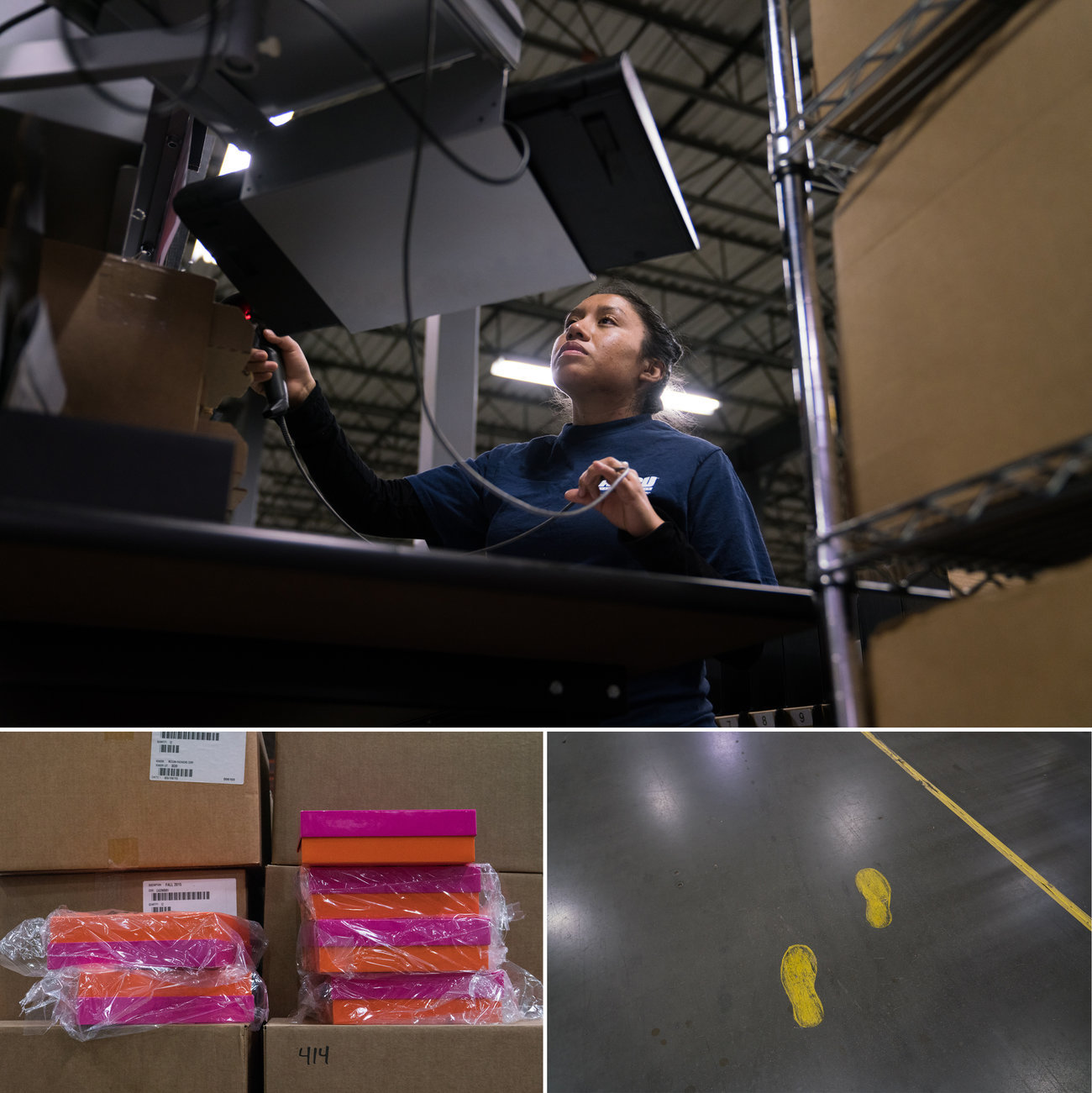 (Top) Bibiana Ramos, 29, works with precision, folding tissue paper inside a special box, placing cosmetics on top and gently affixing the shipping label. (Bottom left) Many different kinds of boxes are used throughout the warehouse, some for bulk items, and other more delicate boxes that are sent to consumers. (Bottom right) Painted footprints help direct employees safely and efficiently.