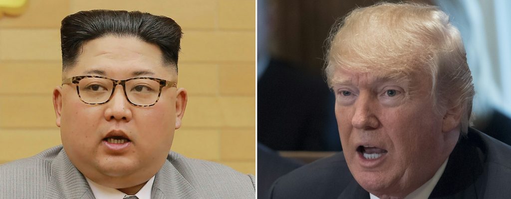 A photo from North Korea's official Korean Central News Agency (KCNA) taken and released on January 1 showing North Korean leader Kim Jong-Un delivering a New Year's speech and President Trump speaking during a cabinet Meeting on Dec. 20.