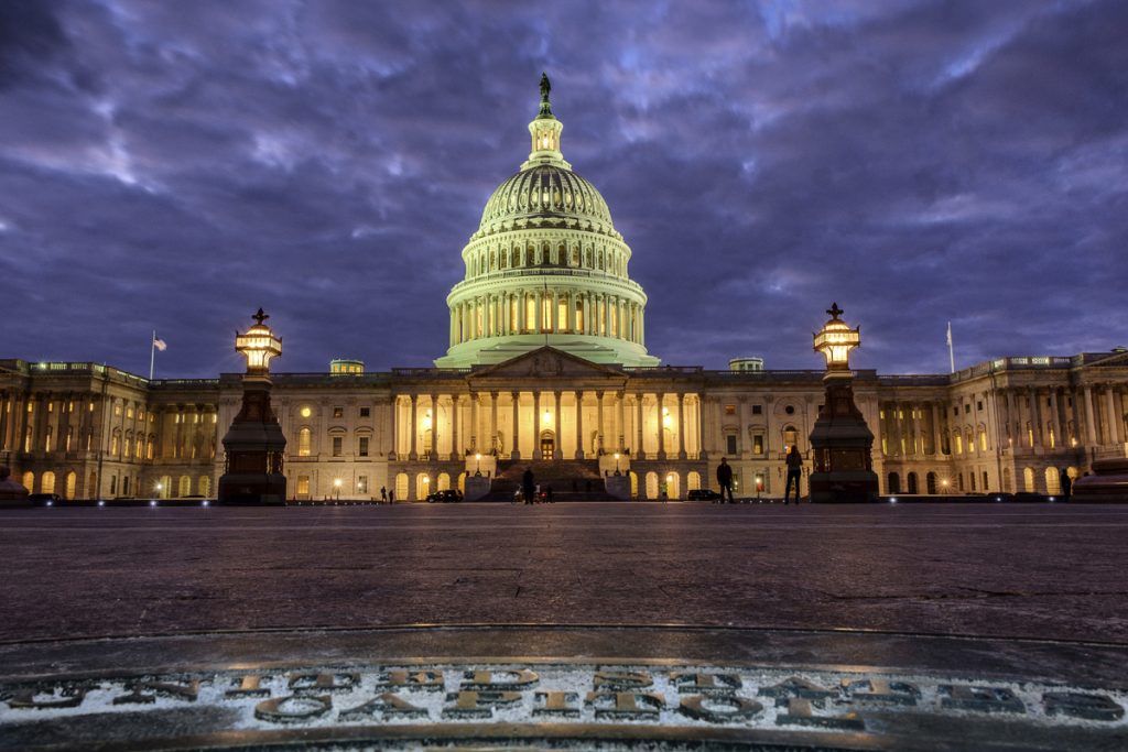 State of the Union Congress Lights shine inside the U.S. Capitol as night falls in Washington.
