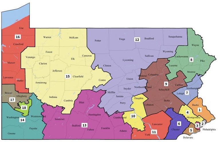 Pennsylvania's new ongressional map as drawn by the Pa. Supreme Court after it found the previous version an unconstitutional partisan gerrymander. 