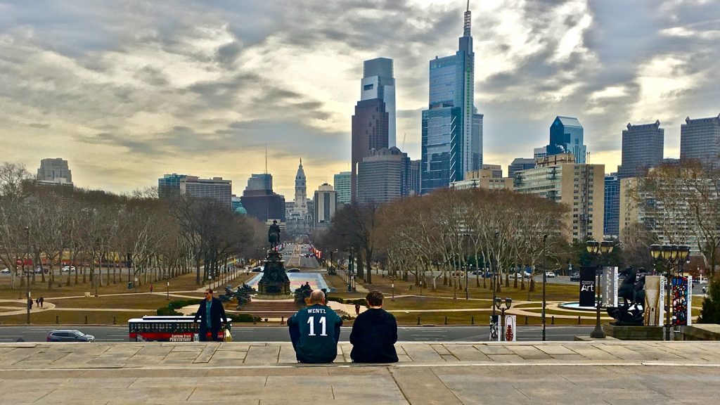 2018 01 22-e lee-philadelphia art museum-skyline steps eagles super bowl Philadelphia's standing as a sanctuary city — and whether the U.S. government can penalize it by withholding a federal grant — is again the subject of a court hearing. (Emma Lee/WHYY)