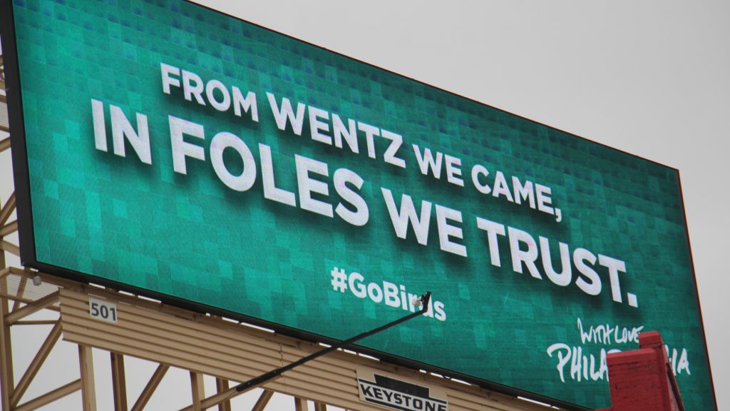 2018 01 29-e lee-philadelphia-eagles billboard Philadelphia's official visitor and travel site promotes the Eagles on billboards across the city. (Emma Lee/WHYY)