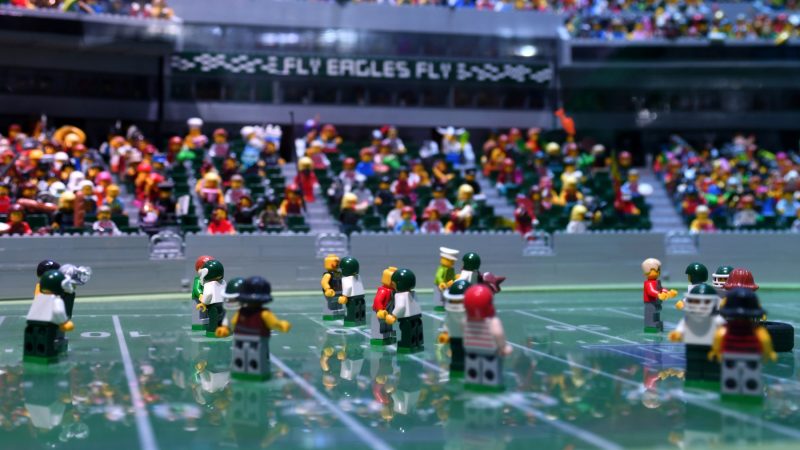 All seats of this miniature Lincoln Financial Field are packed for the Patriots and Eagles Super Bowl game, at the Lego Discovery Center, in Plymouth Meeting. (Bastiaan Slabbers for WHYY)