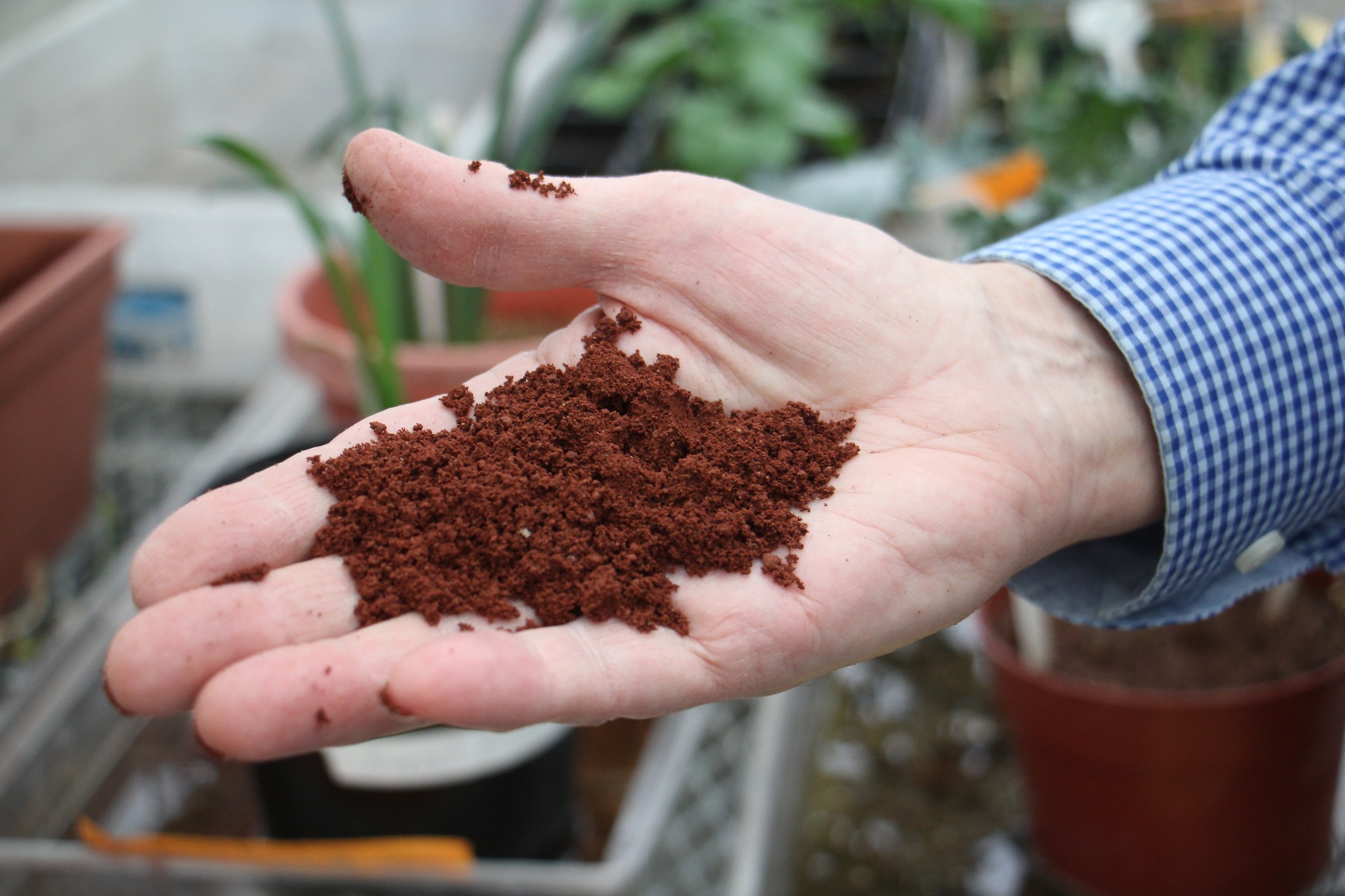 Villanova professor Ed Guinan holds a handful of "Martian soil," an approximation of material found on the surface of Mars.
