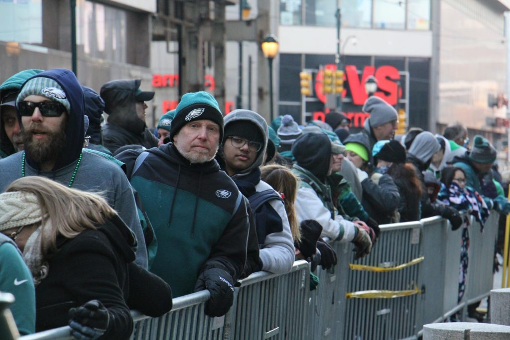 2018 02 08-e lee-jefferson station-regional rail delays super bowl parade Regional rail users wait in lines that stretch for blocks after the Super Bowl parade. (Emma Lee/WHYY)