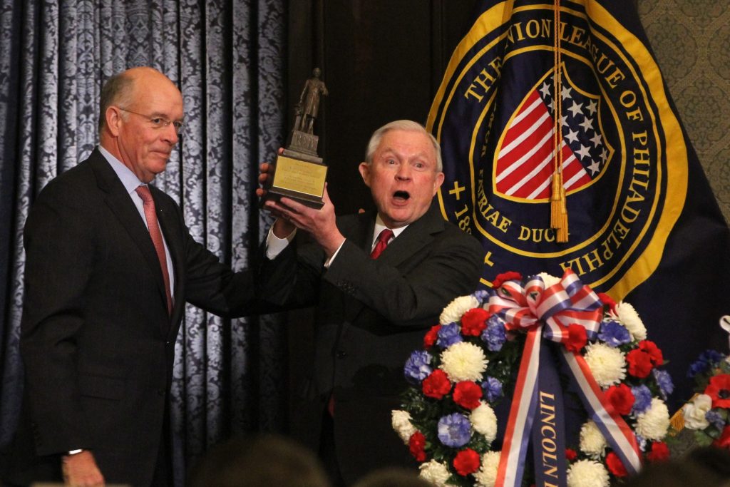 2018 02 12-e lee-jeff sessions-philadelphia union league-lincoln day speaker Attorney General Jeff Sessions (right) receives the Lincoln Award from Union League President James P. Dunigan. Sessions was the keynote speaker at the Union League's Lincoln Day celebration. (Emma Lee/WHYY)