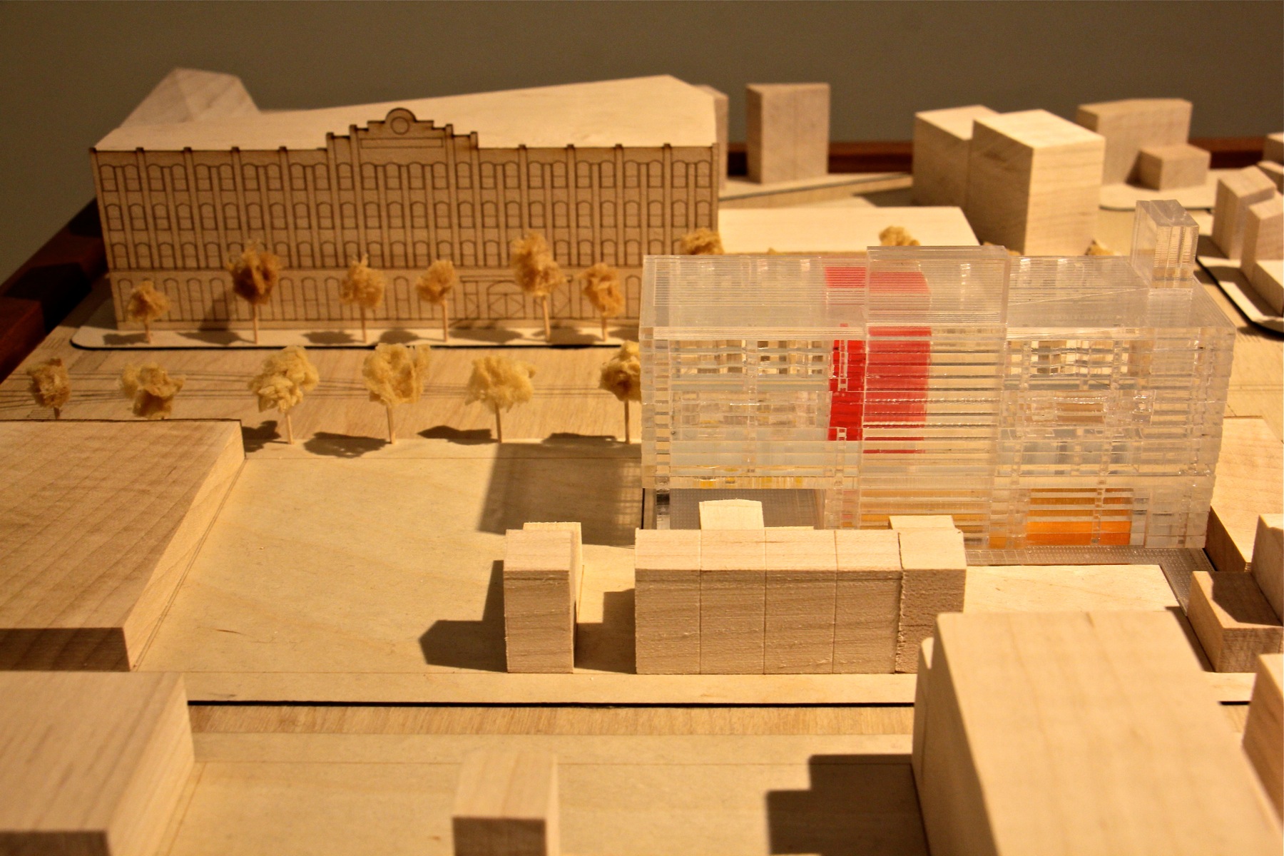 A scale model shows the location of the new Clay Studio (in clear plastic) on North American Street across the street from the Crane Arts building.