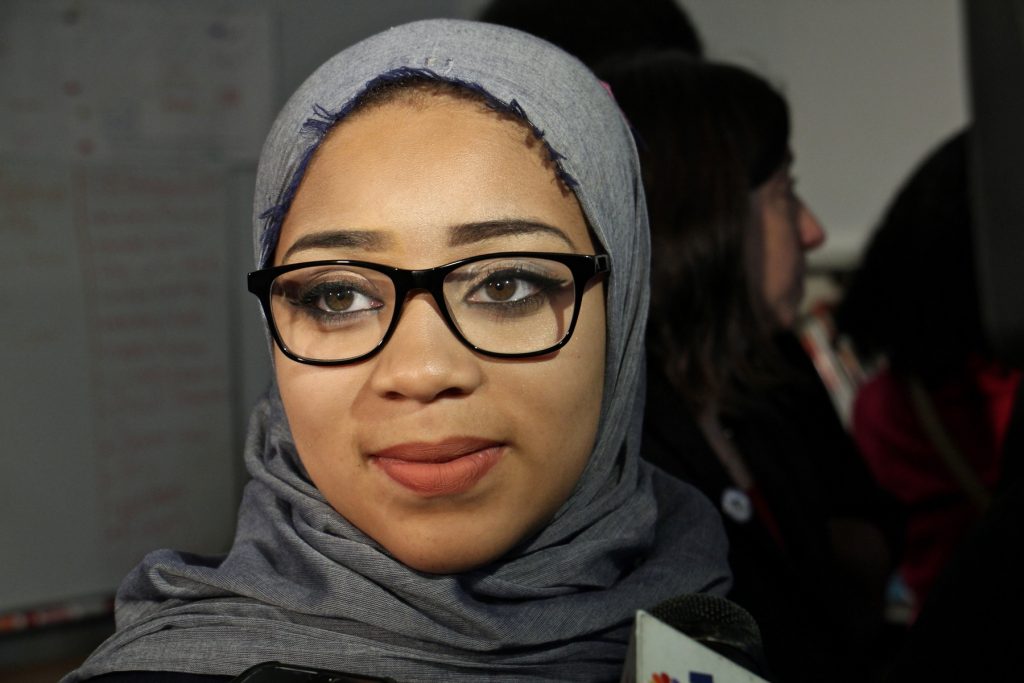 2018 02 23-e lee-nasihah thompson king-philadelphia mastery shoemaker charter schoo-hijab wearing basketball player Nasihah Thompson-King talks with reporters after a press conference at Mastery Shoemaker Charter School. Her supporters called for an end to the requirement that hijab-wearing students obtain a waiver after Nasihah was prevented from playing because she refused to take off her head covering.