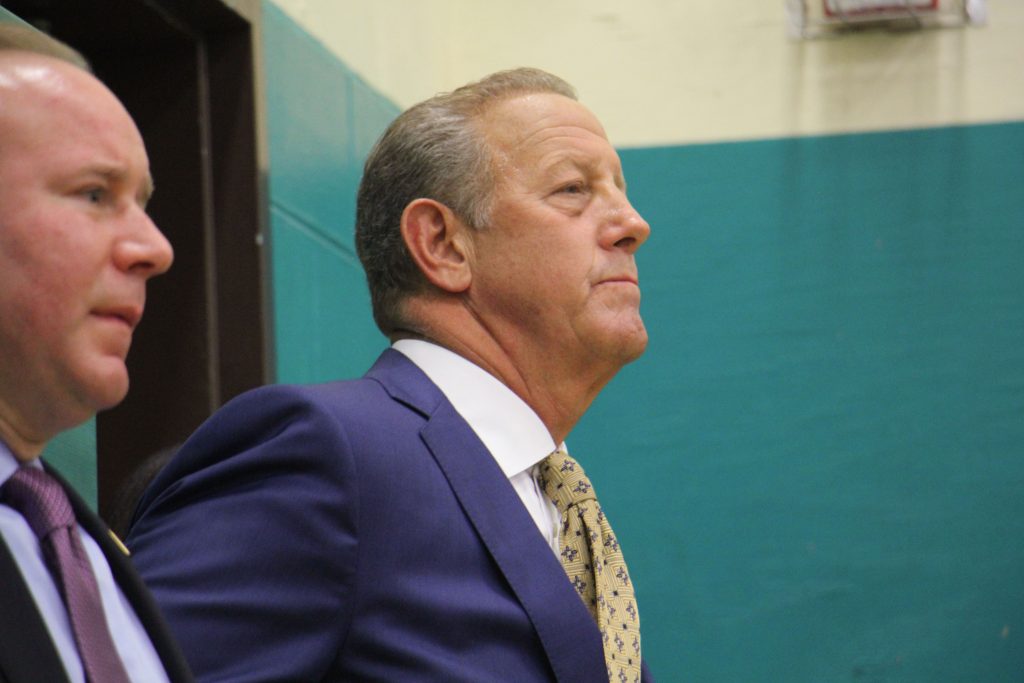 2018 02 27-e lee-chuck cahn-new jersey cherry hill-mayor school security Cherry Hill Mayor Chuck Cahn joins the more than 200 in attendance at the Cherry Hill school board meeting Tuesday night, where a long list of speakers sounded off about school security and administrative gaffes at Cherry Hill East High School. (Emma Lee/WHYY)