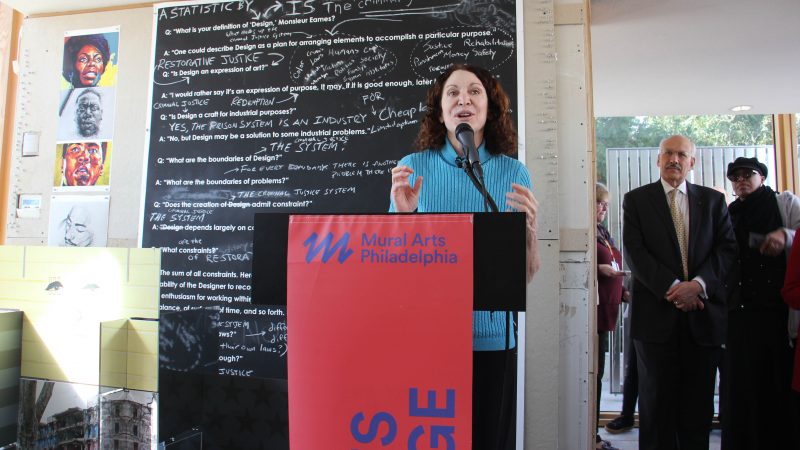 Jane Golden, founder and executive director of Mural Arts Philadelphia, introduces the Mural Arts Studio at the Barnes,  a space for art education for the organi8zation's Restorative Justice Program. (Emma Lee/WHYY)