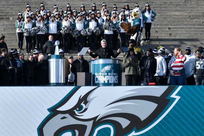 Head coach Doug Peterson thanks the fans as hundreds of thousands fill the Parkway in Philadelphia, PA, on February 8, 2018, to celebrate the Philadelphia Eagles winning Super Bowl LII. The Eagles beat the New England Patriots by 41-33. (Bastiaan Slabbers for WHYY)
