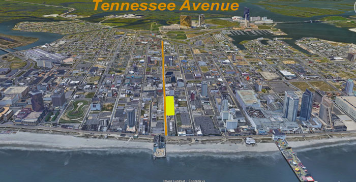 A Google Earth view of Tennessee Avenue looking west. The area highlighted in bright yellow is the block where local investors plan to open several businesses.