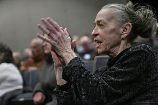 Audience members react as candidates from the Democratic Party speak at a candidate forum at Council Rock High School North Auditorium Newtown, Pa. on Tuesday evening. (Bastiaan Slabbers/for WHYY)
