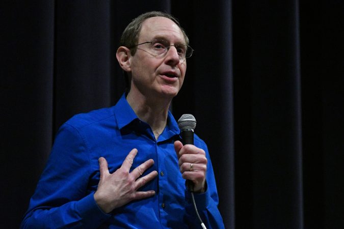 Steve Bacher, candidate for the Democratic nomination in the newly-drawn 1st Congressional District, at a candidate forum in Newtown, Pa. on Tuesday evening. (Bastiaan Slabbers/for WHYY)