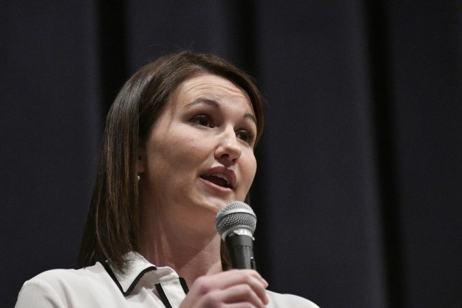 Rachel Reddick, candidate from the Democratic Party in the newly-drawn 1st Congressional District, at a candidate forum in Newtown, Pa. on Tuesday evening. (Bastiaan Slabbers/for WHYY)