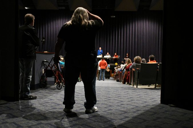 Rachel Reddick, Steve Bacher, and Scott Wallace, candidates from the Democratic Party in the newly-drawn 1st Congressional District, attend a candidate forum in Newtown, Pa. on Tuesday evening. (Bastiaan Slabbers/for WHYY)