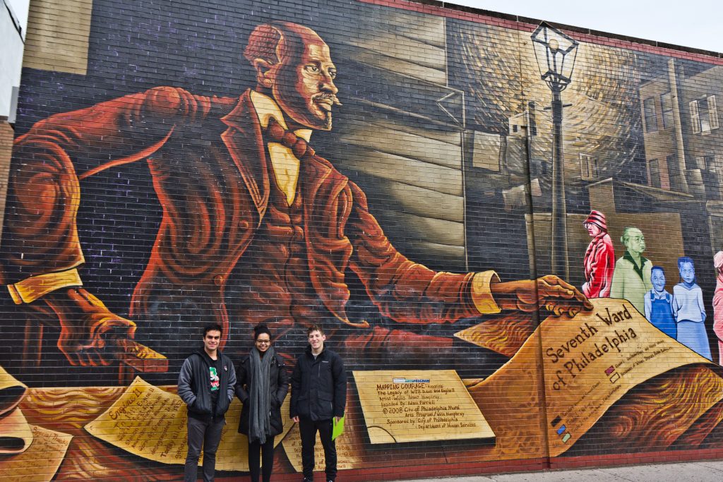 7th ward walk-3 (From left) Penn students Ramon Garcia-Gomez, Helen Fetaw, and Nathaniel Gertzman, tour the 7th Ward. They read about W. E. B. Du Bois and his research in Philadelphia as part of their African American History class. (Kimberly Paynter/WHYY)