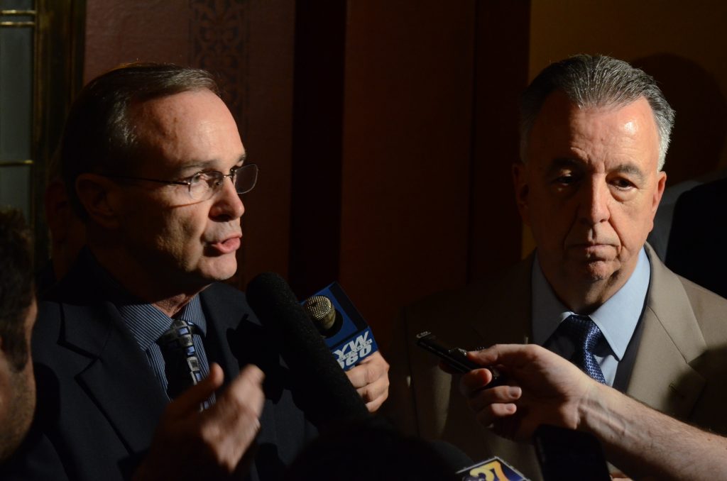 Pennsylvania Budget Pennsylvania House Minority Whip Mike Hanna (left), D-Clinton, and Rep. Joe Markosek, D-Allegheny, are retiring when their terms expire. Both have sons who are campaigning to succeed them. (AP Photo/Marc Levy)