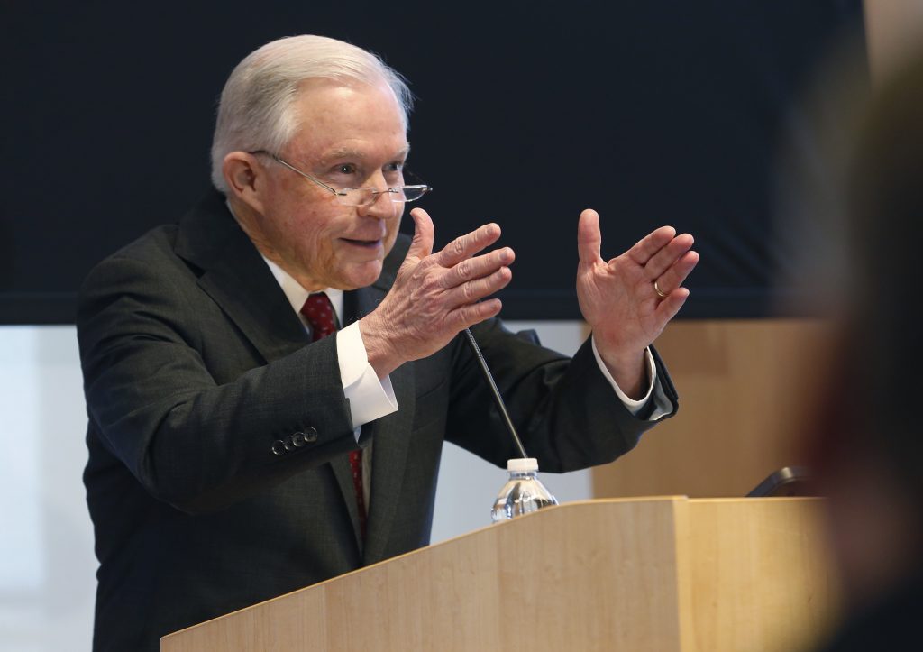 Jeff Sessions U.S. Attorney General Jeff Sessions gestures during a speech on Security and Immigration priorities before a group of law enforcement officials in Norfolk, Va., Friday, Jan. 26, 2018.