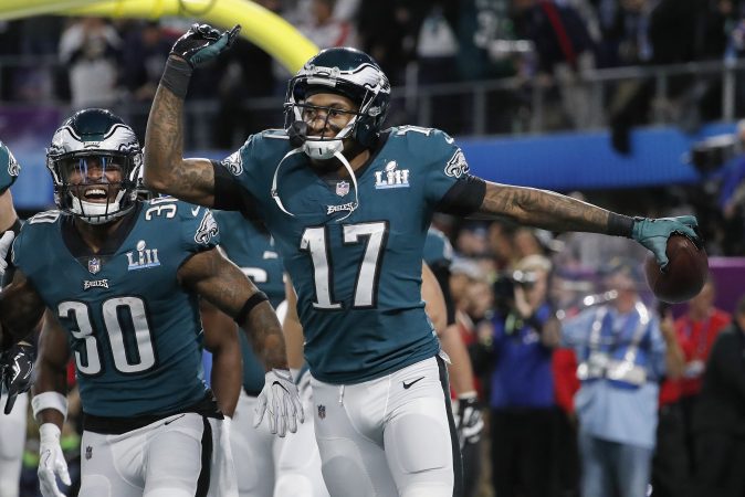 Philadelphia Eagles' Alshon Jeffery (17) celebrates his touchdown catch during the first half of the NFL Super Bowl 52 football game against the New England Patriots Sunday, Feb. 4, 2018, in Minneapolis.