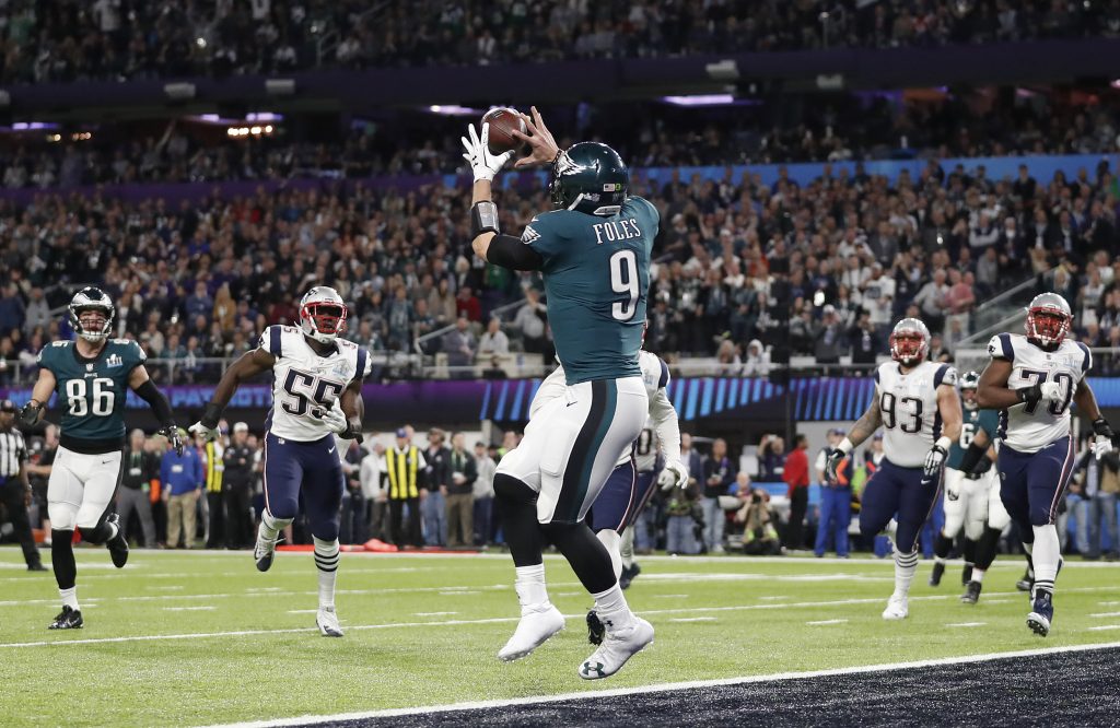 Eagles Patriots Super Bowl Football Nick Foles catching a touchdown pass in the Super Bowl