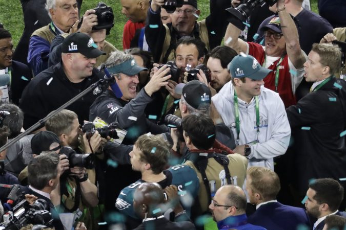 Philadelphia Eagles head coach Doug Pederson celebrates after the NFL Super Bowl 52 football game against the New England Patriots Sunday, Feb. 4, 2018, in Minneapolis. The Eagles won 41-33. (AP Photo/Eric Gay)