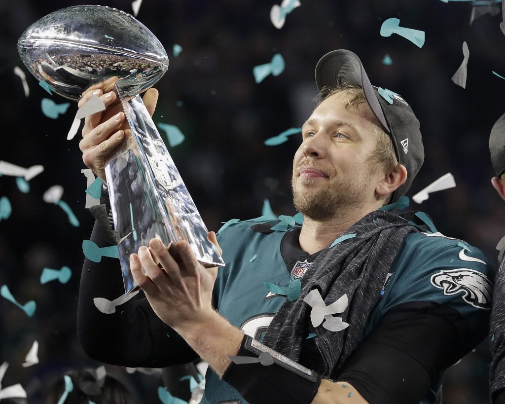Eagles Patriots Super Bowl Football Philadelphia Eagles' Nick Foles holds up the Vince Lombardi Trophy after the NFL Super Bowl 52 football game against the New England Patriots, Sunday, Feb. 4, 2018, in Minneapolis. The Eagles won 41-33. (AP Photo/Matt Slocum)