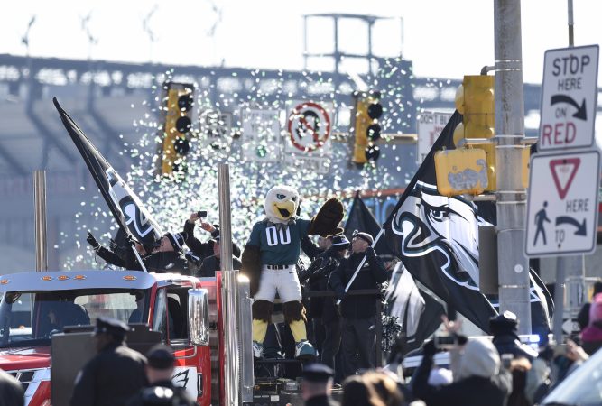 Philadelphia Eagles NFL football team mascot Swoop waves during the Super Bowl LII victory parade, Thursday, Feb 8, 2018, in Philadelphia. (AP Photo/Michael Perez)