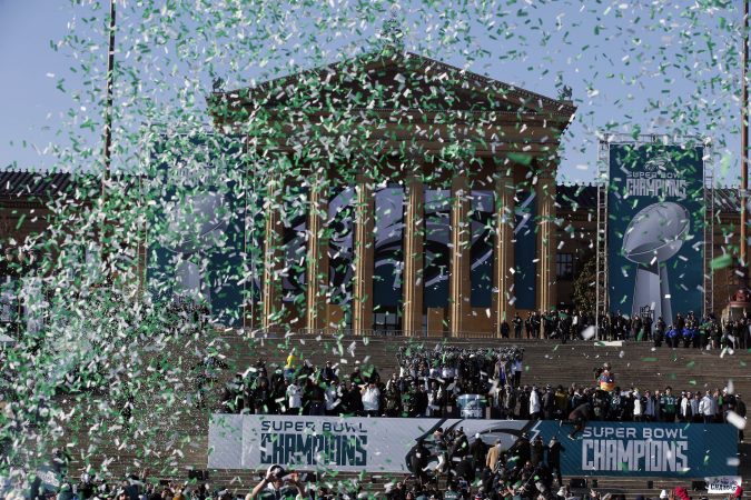 Confetti flies to end a celebration in front of the the Philadelphia Museum of Art after a Super Bowl victory parade for the Philadelphia Eagles on Feb. 8, 2018, in Philadelphia.