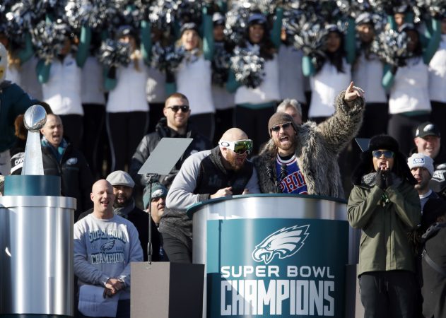 Philadelphia Eagles offensive tackle Lane Johnson, left, and defensive end Chris Long speak in front of the Philadelphia Museum of Art after a Super Bowl victory parade for the Philadelphia Eagles football team, Thursday, Feb. 8, 2018, in Philadelphia. The Eagles beat the New England Patriots 41-33 in Super Bowl 52. (AP Photo/Alex Brandon)