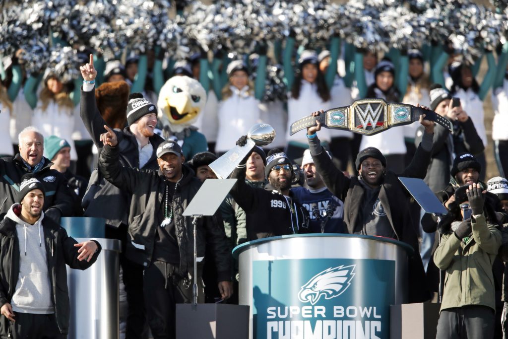 Malcolm Jenkins, Jay Ajayi Philadelphia Eagles strong safety Malcolm Jenkins holds the Vince Lombardi trophy as running back Jay Ajayi holds a championship belt in front of the Philadelphia Museum of Art after a Super Bowl victory parade for the Philadelphia Eagles football team, Thursday, Feb. 8, 2018, in Philadelphia. The Eagles beat the New England Patriots 41-33 in Super Bowl 52. (AP Photo/Alex Brandon)