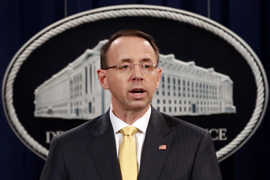 Rod Rosenstein Deputy Attorney General Rod Rosenstein, speaks to the media with an announcement that the office of special counsel Robert Mueller says a grand jury has charged 13 Russian nationals and several Russian entities, Friday, Feb. 16, 2018, in Washington. The defendants are accused of violating U.S. criminal laws to interfere with American elections and the political process. (Jacquelyn Martin/AP Photo)