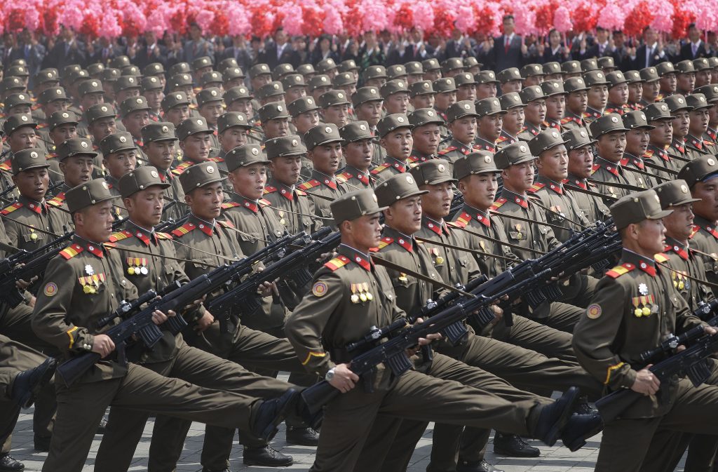 Soldiers march across Kim Il Sung Square during a military parade on Saturday, April 15, 2017, in Pyongyang, North Korea to celebrate the 105th birth anniversary of Kim Il Sung, the country's late founder and grandfather of current ruler Kim Jong Un.