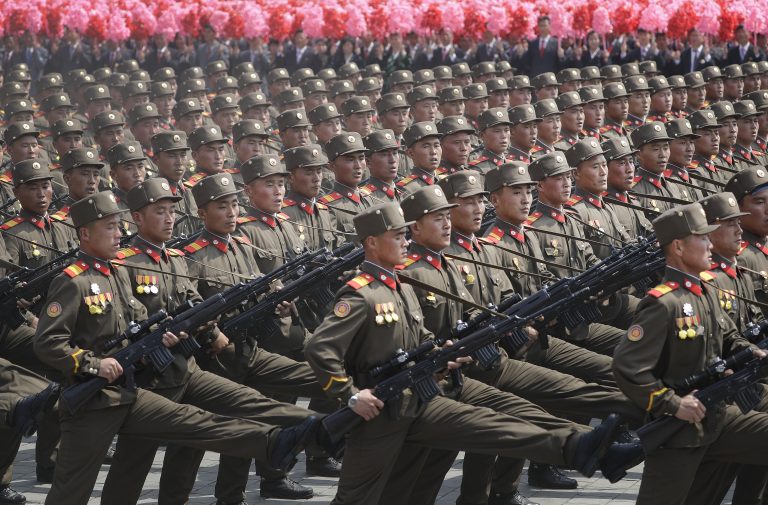 Soldiers march across Kim Il Sung Square during a military parade on Saturday, April 15, 2017, in Pyongyang, North Korea to celebrate the 105th birth anniversary of Kim Il Sung, the country's late founder and grandfather of current ruler Kim Jong Un.