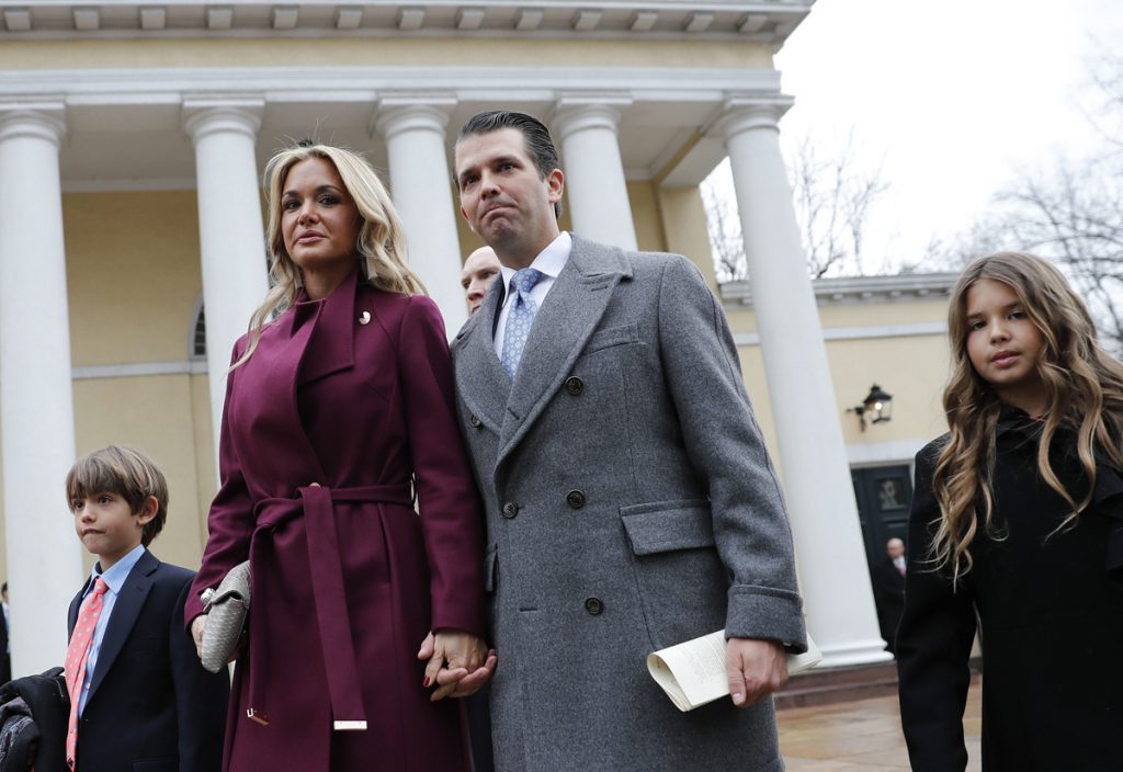Donald Trump Jr.,Vanessa Trump,Donald Trump III,Kai Trump Donal Trump Jr., wife Vanessa Trump, and their children walk out together after attending church service at St. John's Episcopal Church across from the White House in Washington, Friday, Jan. 20, 2017. (Pablo Martinez Monsivais/AP Photo)