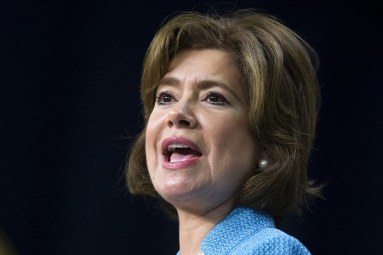 In this April 7, 2014 file photo, Maria Contreras-Sweet speaks during a ceremonial swearing in as Administrator of the Small Business Administration, in the South Court Auditorium on the White House complex in Washington. A group of investors led by a Contreras-Sweet offered to acquire Weinstein Co., rebrand it and install a female-led board of directors. (Evan Vucci/AP Photo, File)