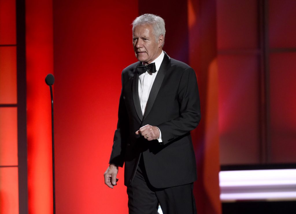 Alex Trebek Alex Trebek walks out on stage at the 44th annual Daytime Emmy Awards at the Pasadena Civic Center on Sunday, April 30, 2017, in Pasadena, Calif. (Photo by Chris Pizzello/Invision/AP)
